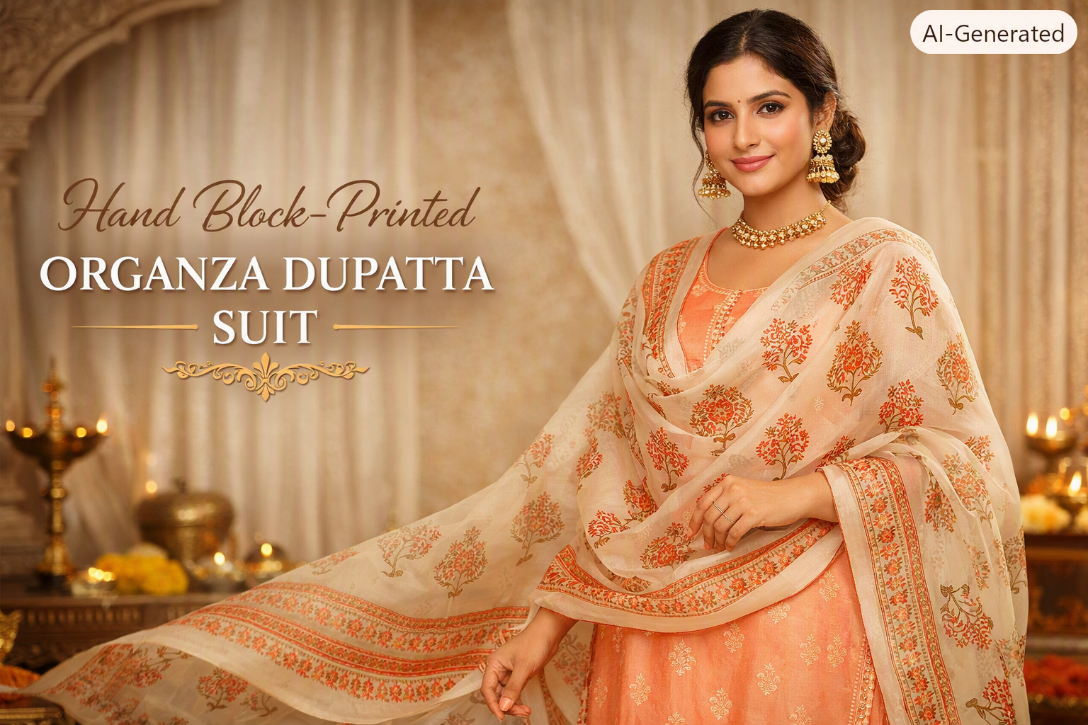 Hand block-printed organza dupatta suit