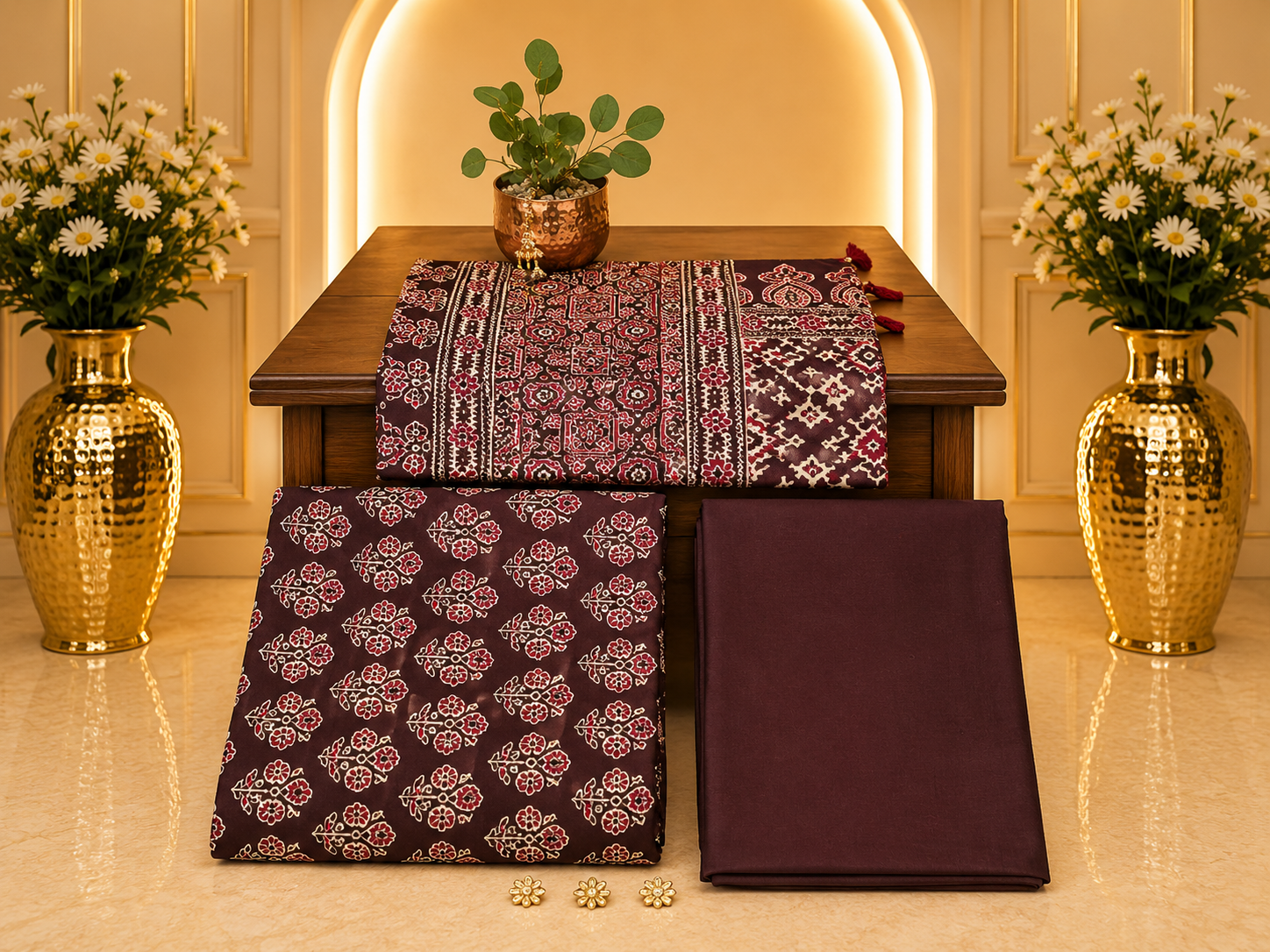 Premium Coffee Brown Colour Hand Block Printed Ajrakh Cotton Full Suit