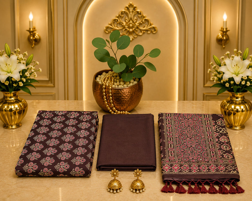Premium Coffee Brown Colour Hand Block Printed Ajrakh Cotton Full Suit