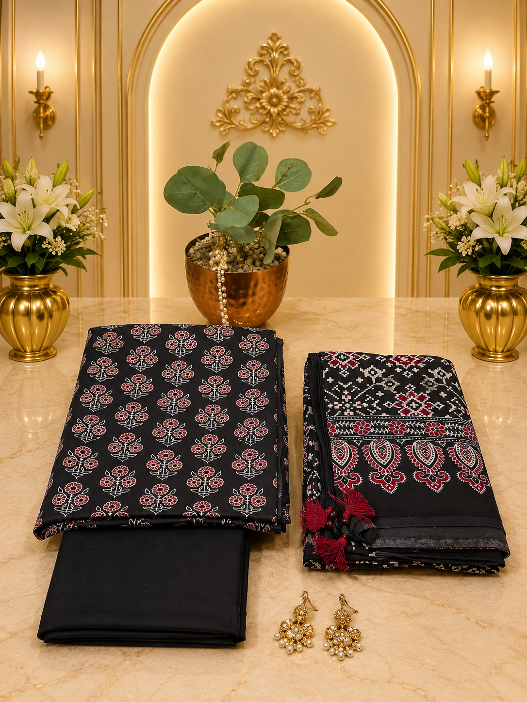 Premium Natural Black Colour Hand Block Printed Ajrakh Cotton Full Suit
