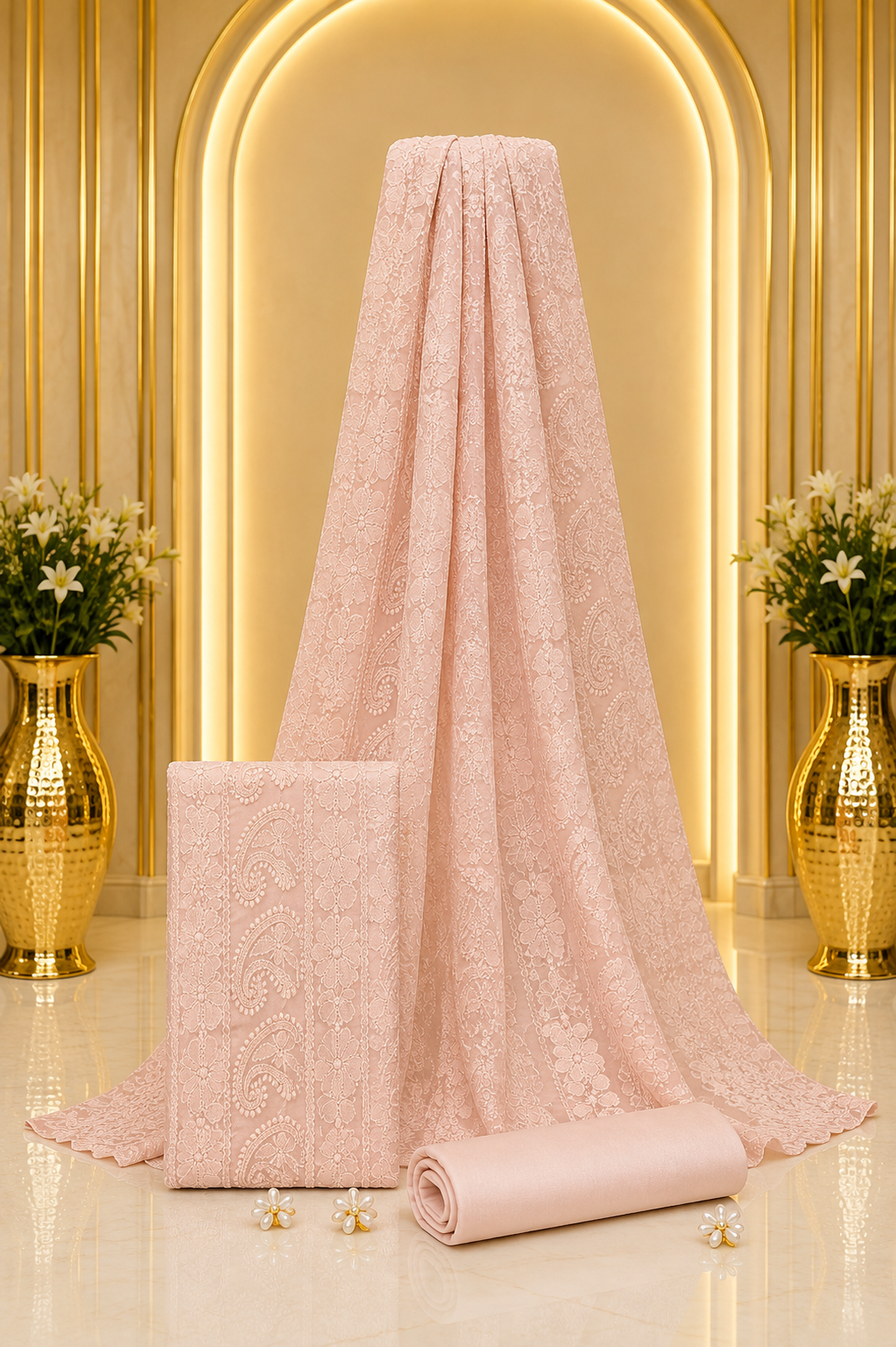 Premium Light Peach Colour Lucknowi Pure Georgette Full Suit