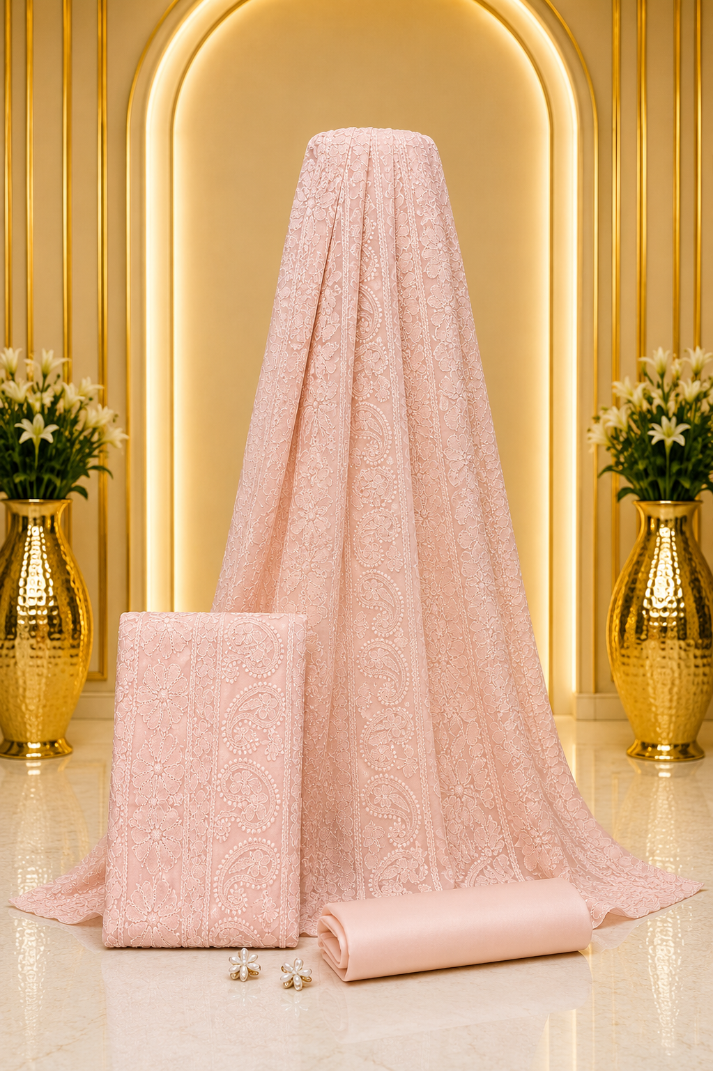Premium Light Peach Colour Lucknowi Pure Georgette Full Suit