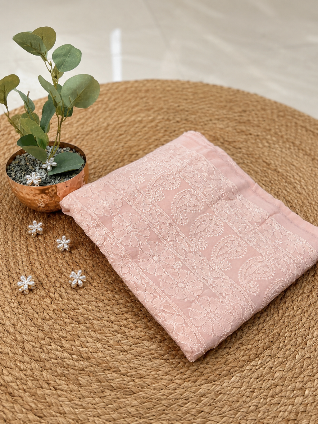 Premium Light Peach Colour Lucknowi Pure Georgette Full Suit