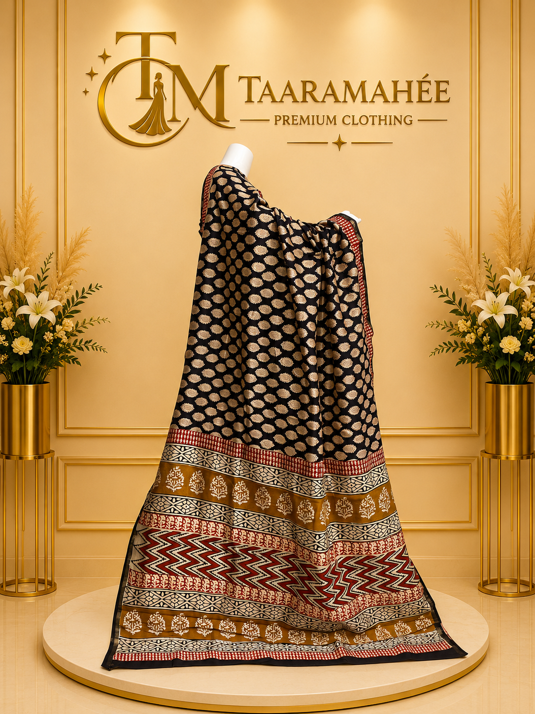 Maheshwari half cotton half silk zari piping boarder Kalamkari print saree with blouse