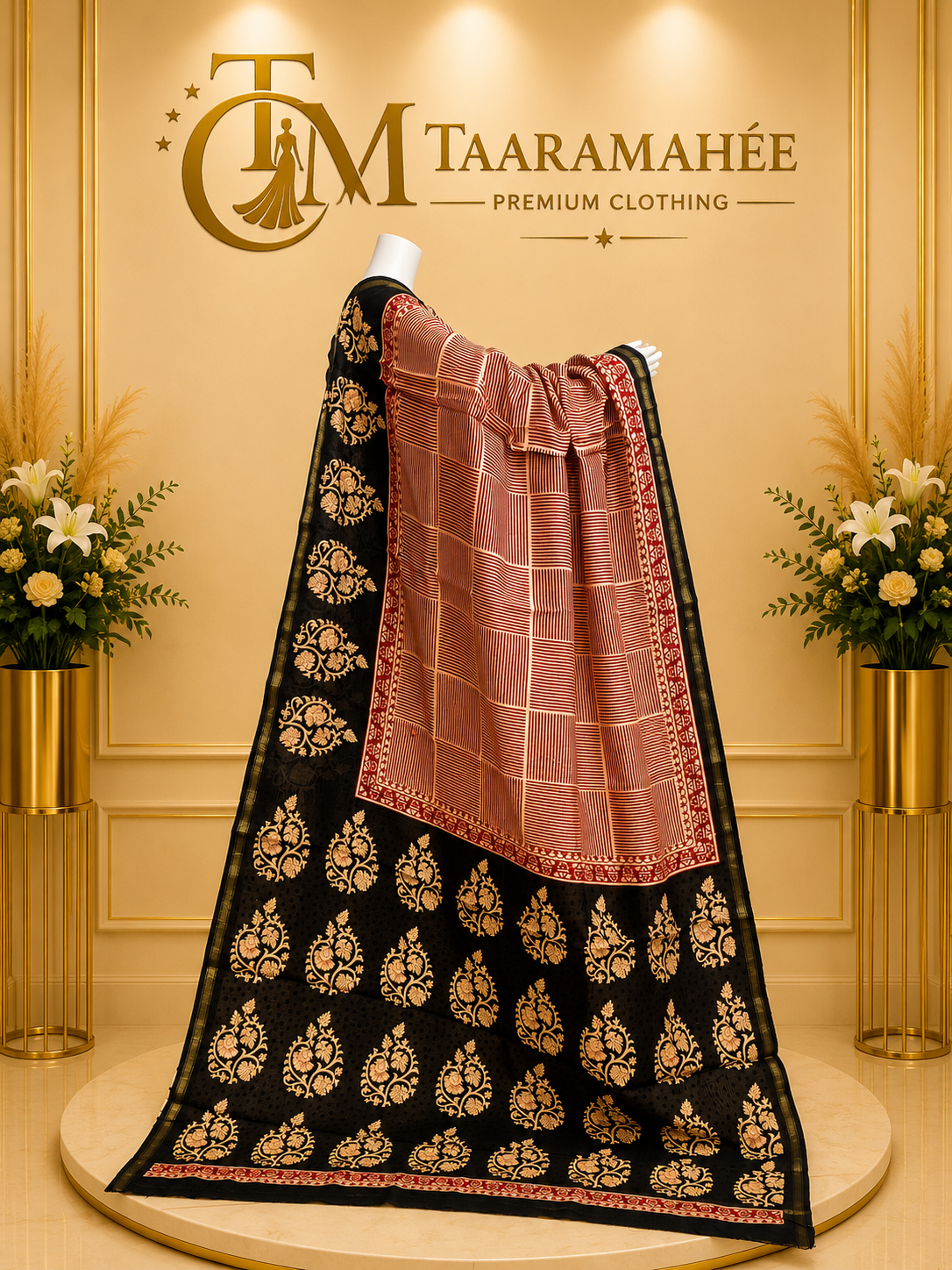 Maheshwari half cotton half silk zari piping boarder Kalamkari print saree with blouse