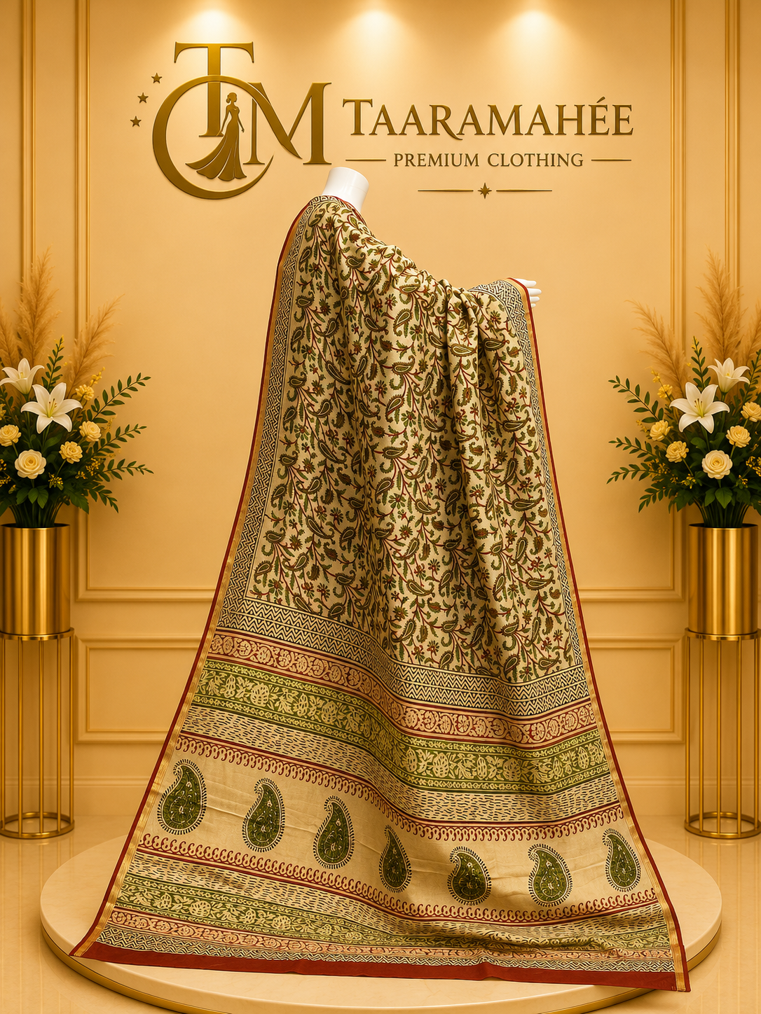 Maheshwari half cotton half silk zari piping boarder Kalamkari print saree with blouse