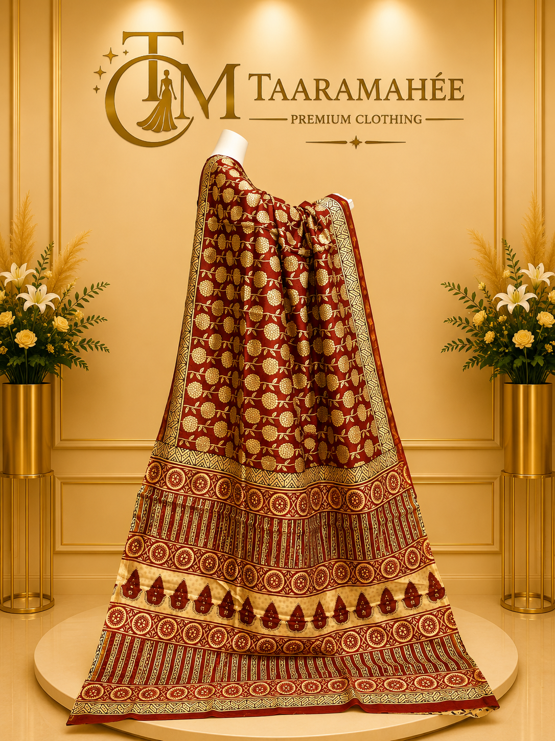 Maheshwari half cotton half silk zari piping boarder Kalamkari print saree with blouse