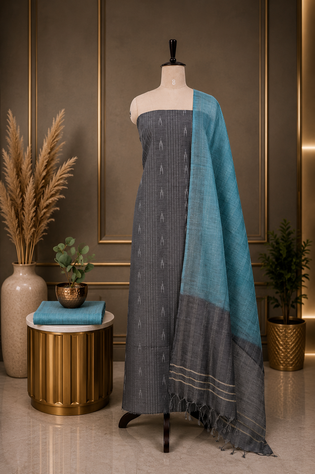 Premium Grey Sky Blue Combo Jute Cotton Full Suit