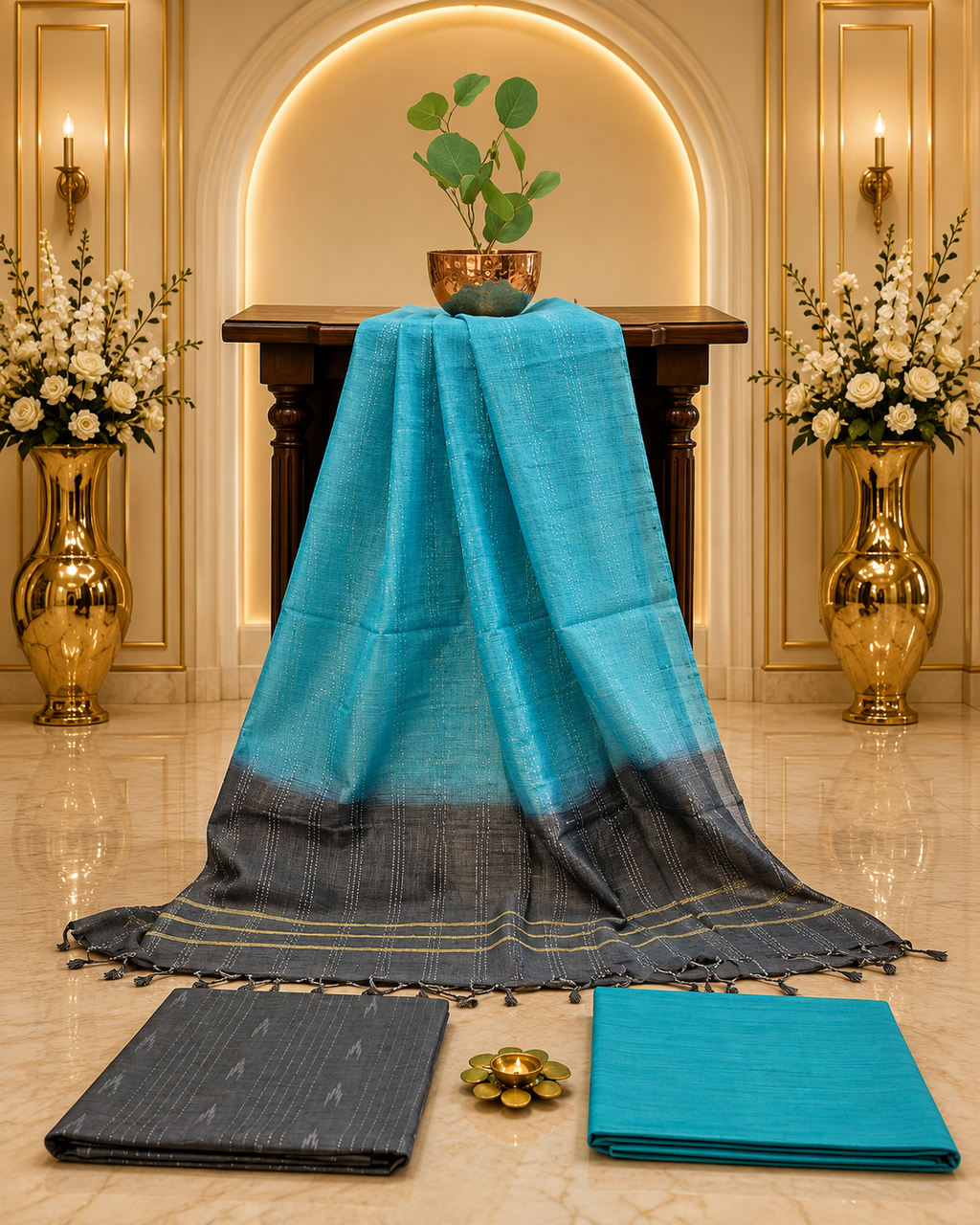 Premium Grey Sky Blue Combo Jute Cotton Full Suit