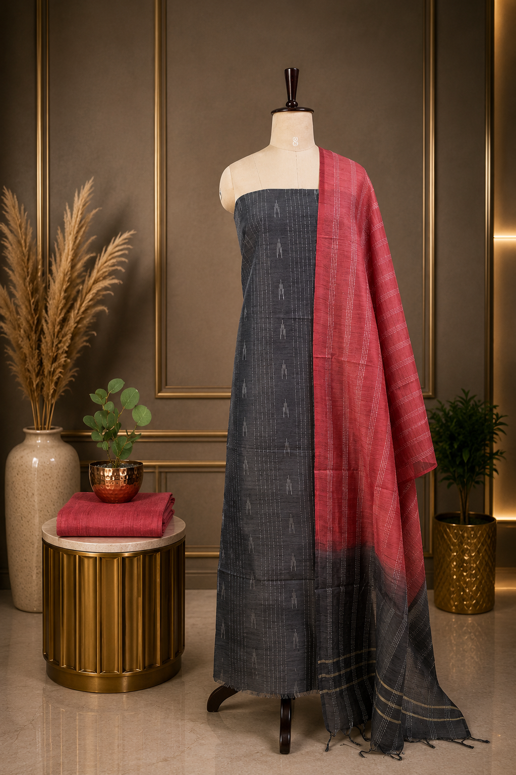 Premium Grey Pink Combo Jute Cotton Full Suit