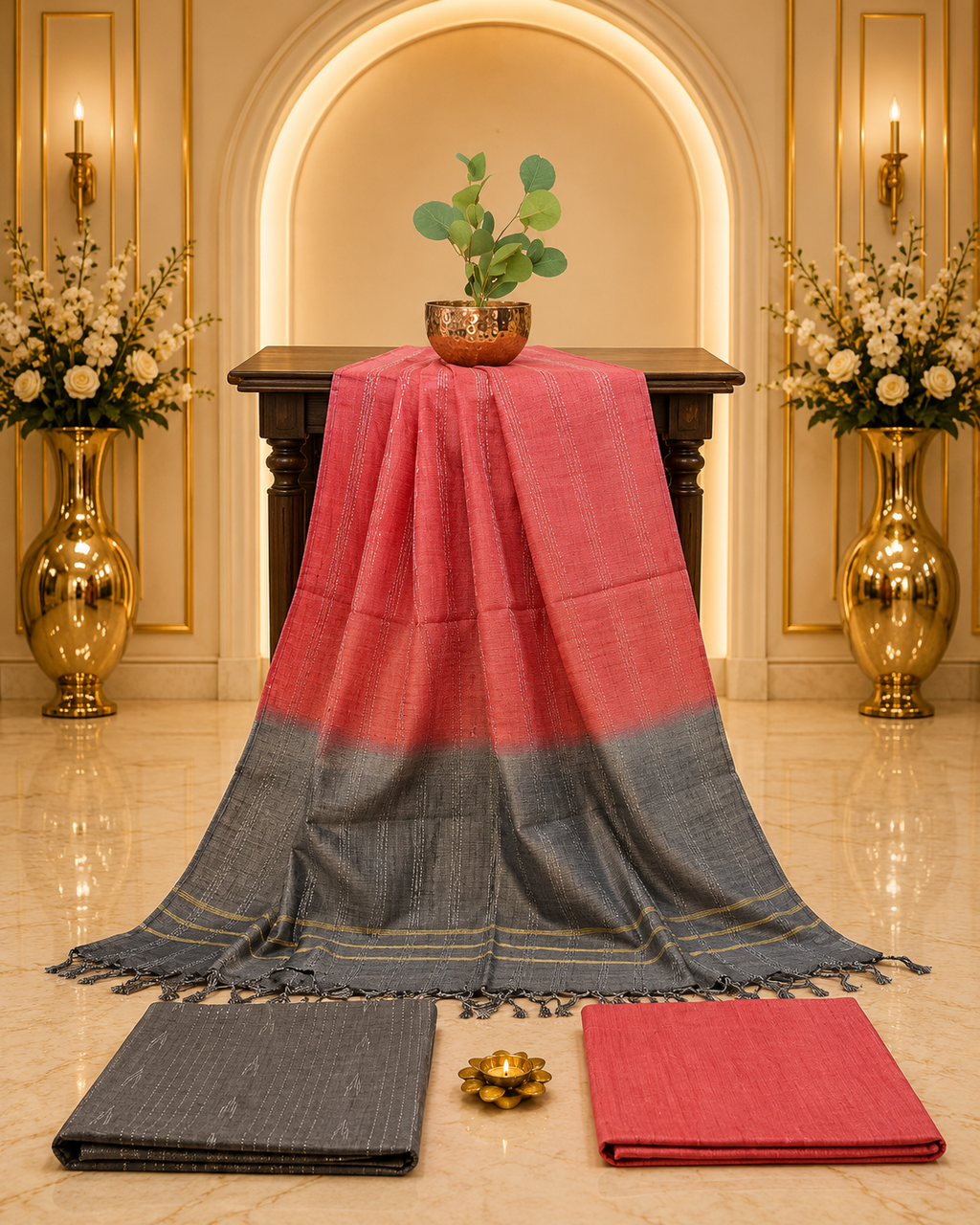 Premium Grey Pink Combo Jute Cotton Full Suit