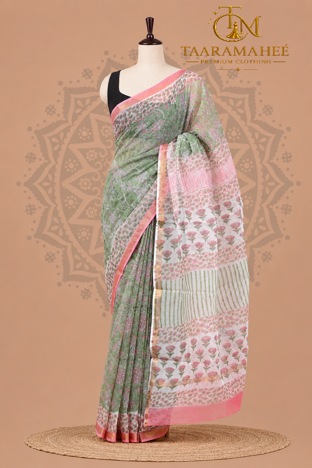 Hand block printed Pure Kota Doriya cotton Saree