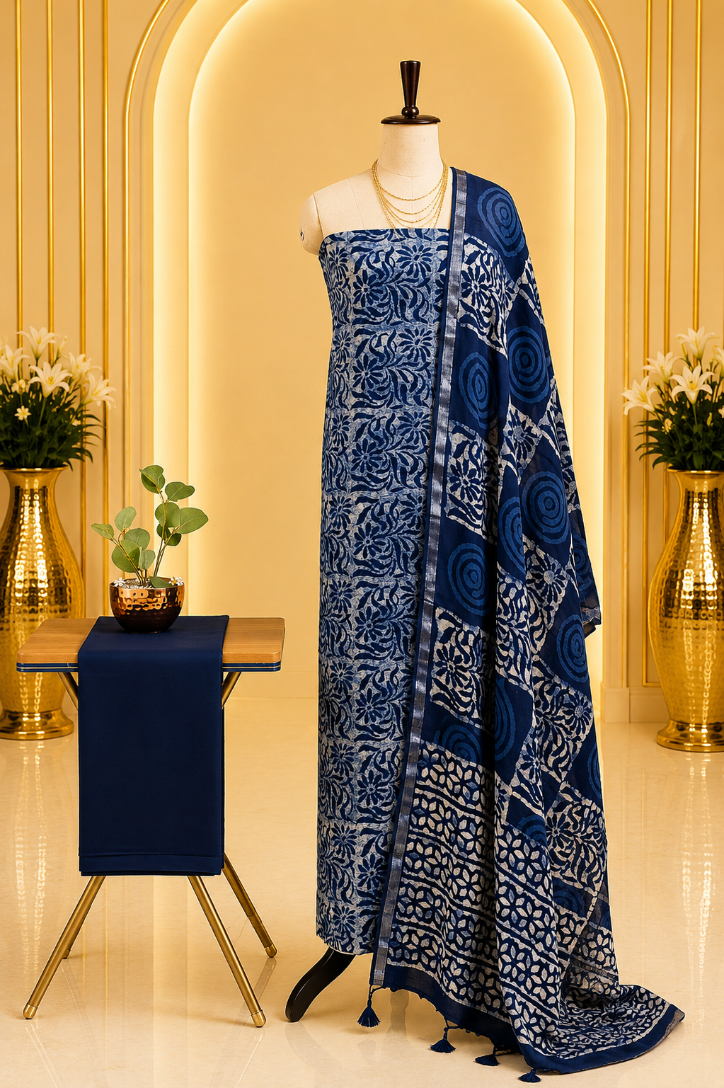 Premium Indigo Hand Block Printed Linen Cotton Full Suit