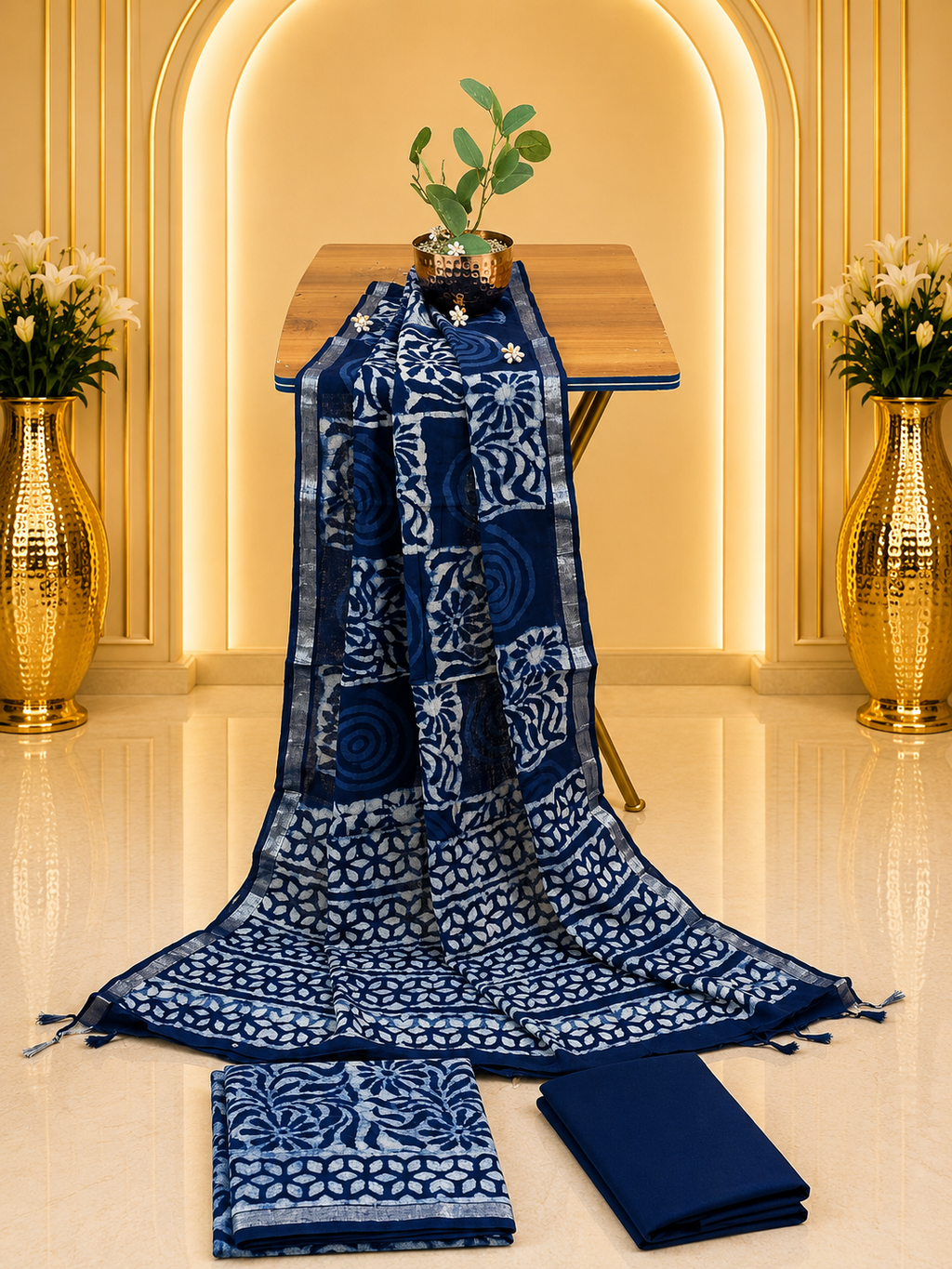 Premium Indigo Hand Block Printed Linen Cotton Full Suit