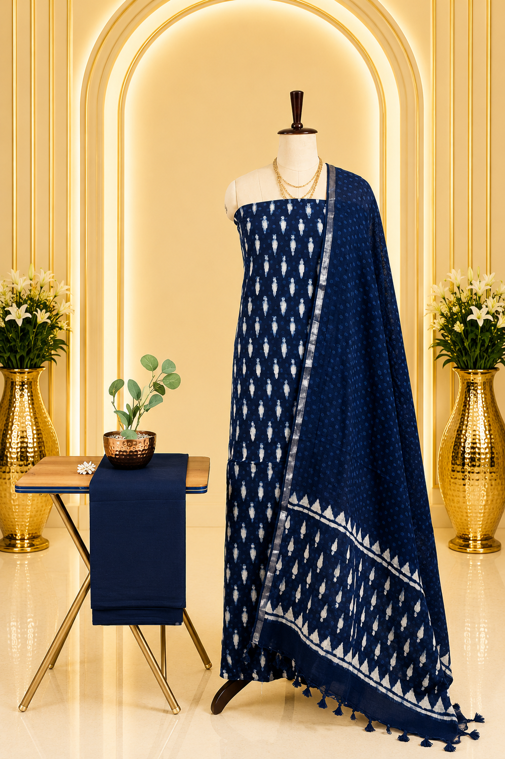 Premium Indigo Hand Block Printed Linen Cotton Full Suit