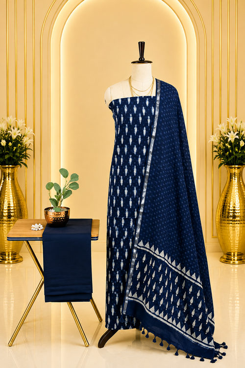 Premium Indigo Hand Block Printed Linen Cotton Full Suit