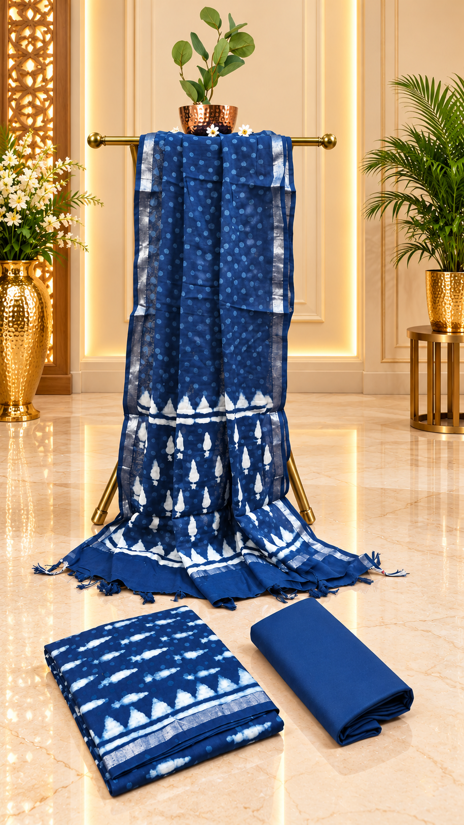 Premium Indigo Hand Block Printed Linen Cotton Full Suit