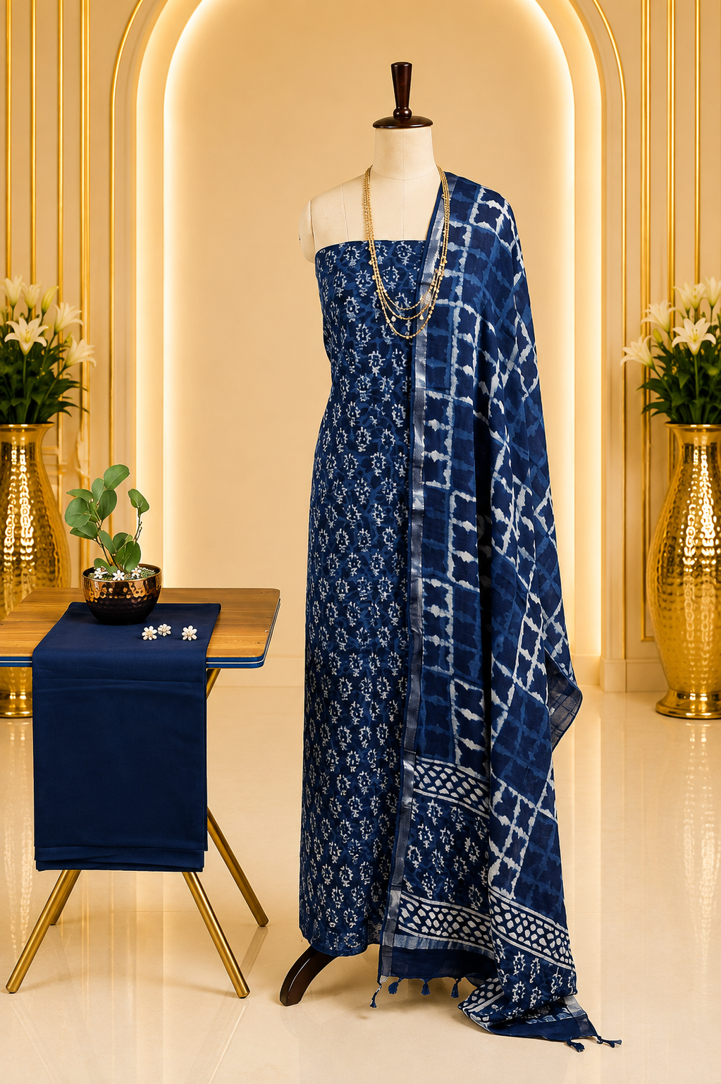 Premium Indigo Hand Block Printed Linen Cotton Full Suit