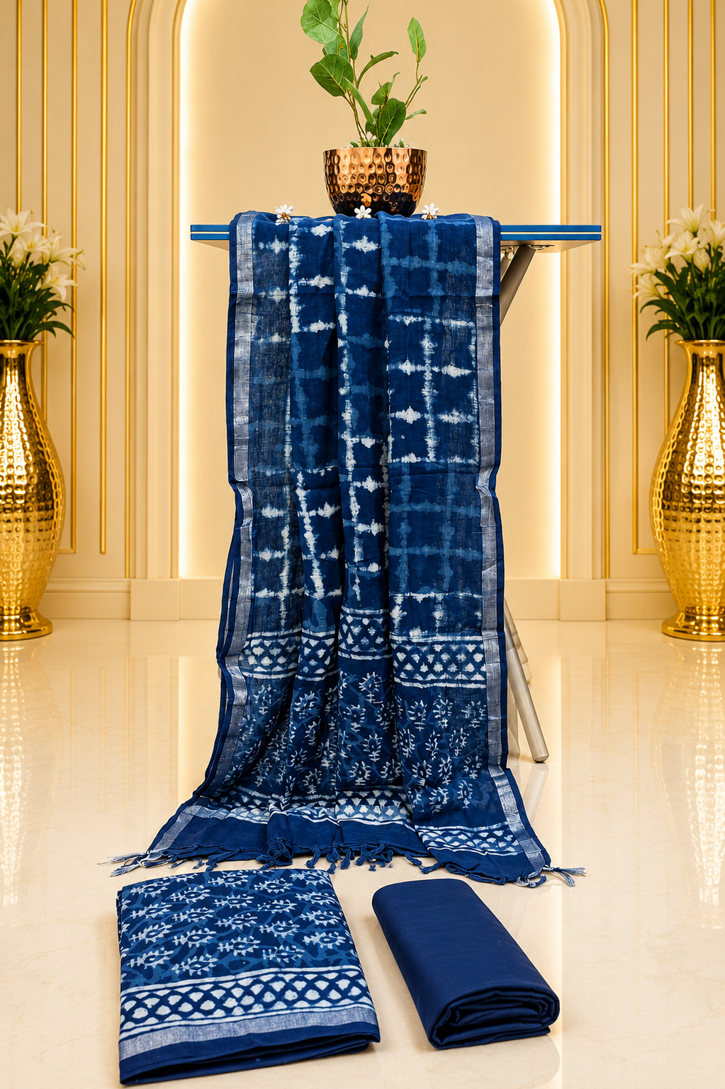 Premium Indigo Hand Block Printed Linen Cotton Full Suit