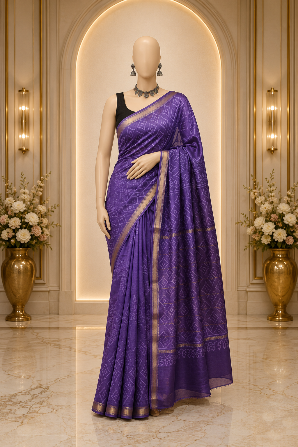 Hand Block printed Maheshwari Silk Cotton saree with Resham border