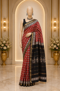 Hand Block printed Maheshwari Silk Cotton saree with Resham border
