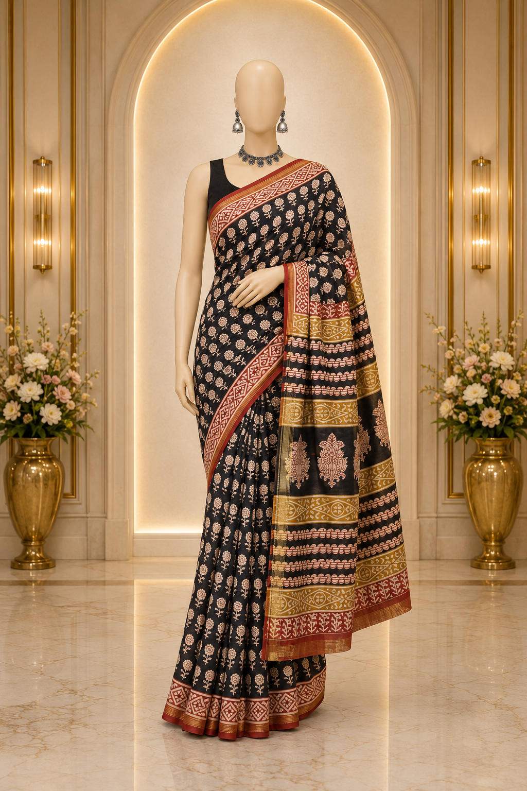 Hand Block printed Maheshwari Silk Cotton saree with Resham border