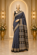 Hand Block printed Maheshwari Silk Cotton saree with Resham border