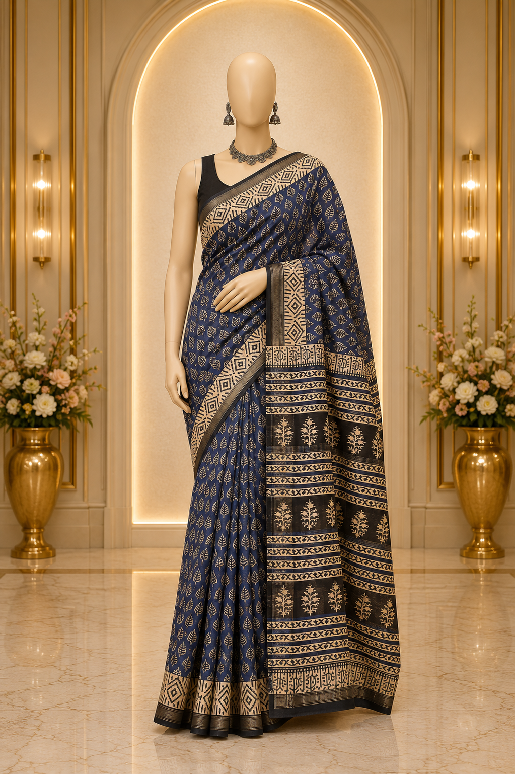 Hand Block printed Maheshwari Silk Cotton saree with Resham border