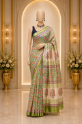 Hand Block printed Maheshwari Silk Cotton saree with Resham border