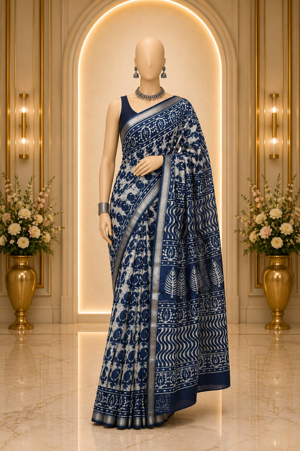 Hand Block printed Maheshwari Silk Cotton saree with Resham border