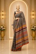 Hand Block printed Maheshwari Silk Cotton saree with Resham border
