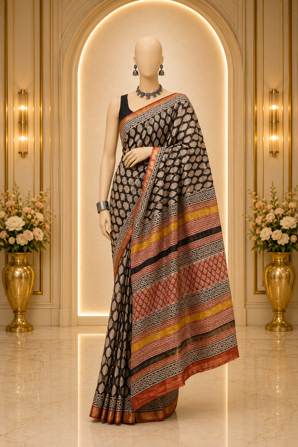 Hand Block printed Maheshwari Silk Cotton saree with Resham border