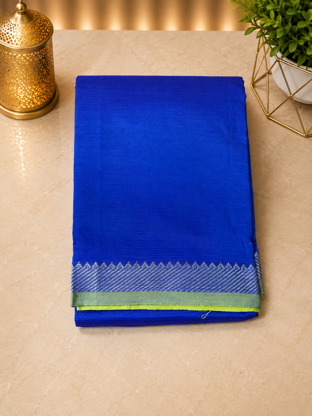 Mangalagiri Silk Cotton Elegance, Woven with a Charming Silver and Gold Zari Contrast Border.