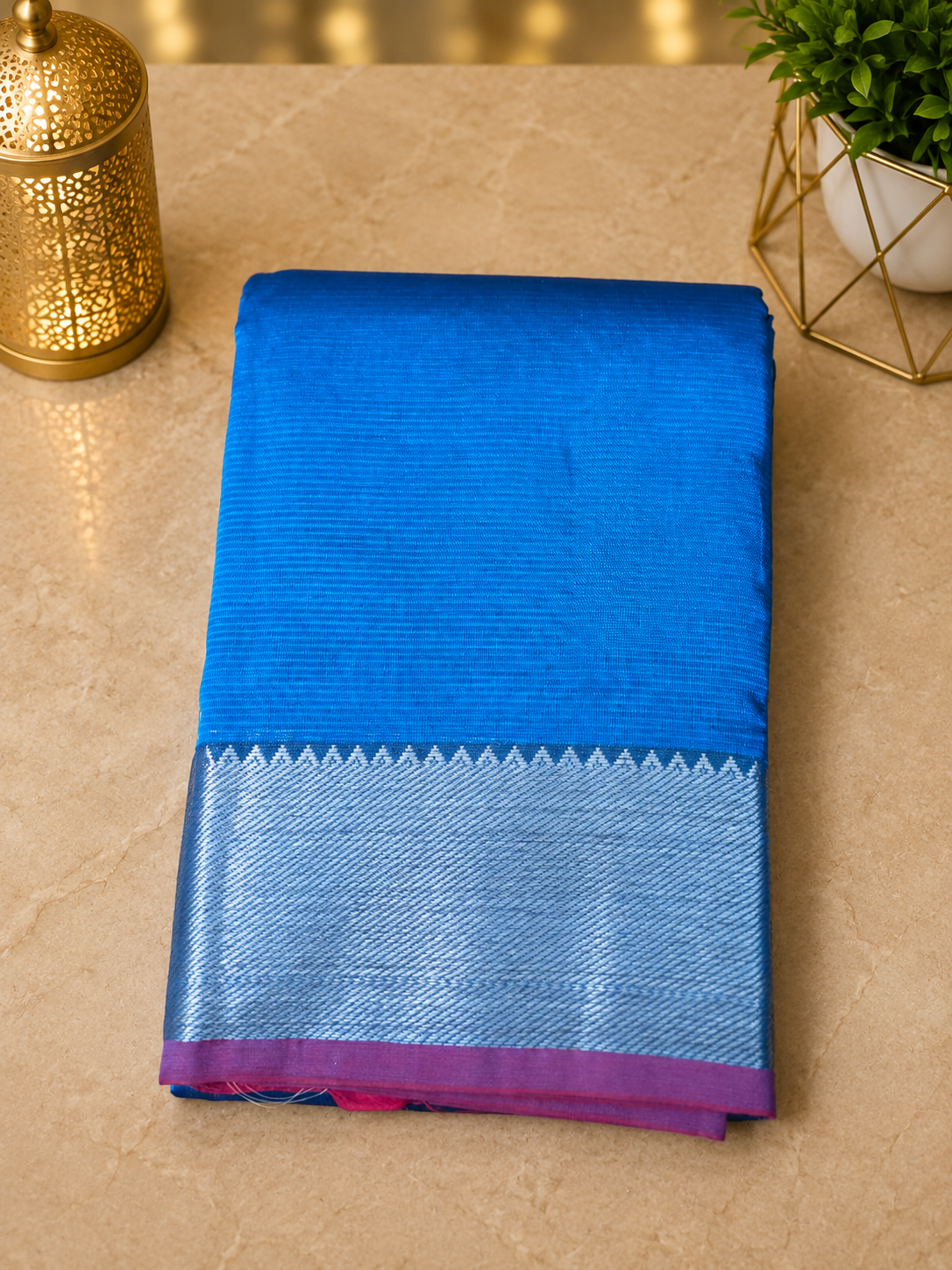 Mangalagiri Silk Cotton Elegance, Woven with a Charming Silver and Gold Zari Contrast Border