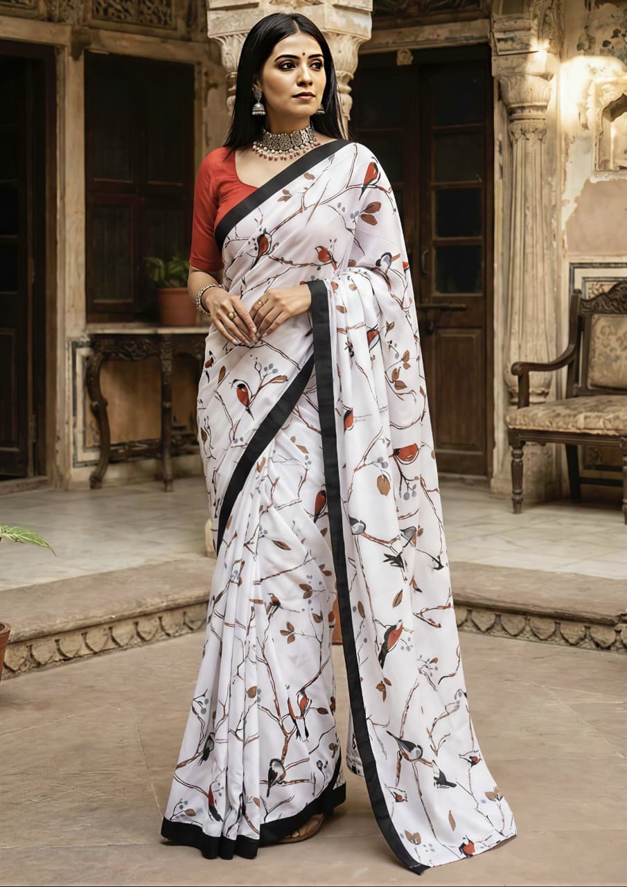 MulMul Saree - White Printed
