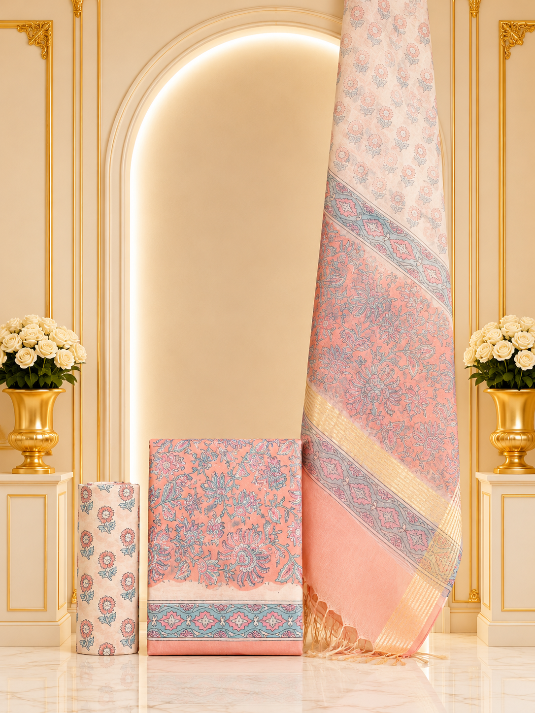 Hand block-printed premium mul cotton with hand block-printed organza dupatta suit