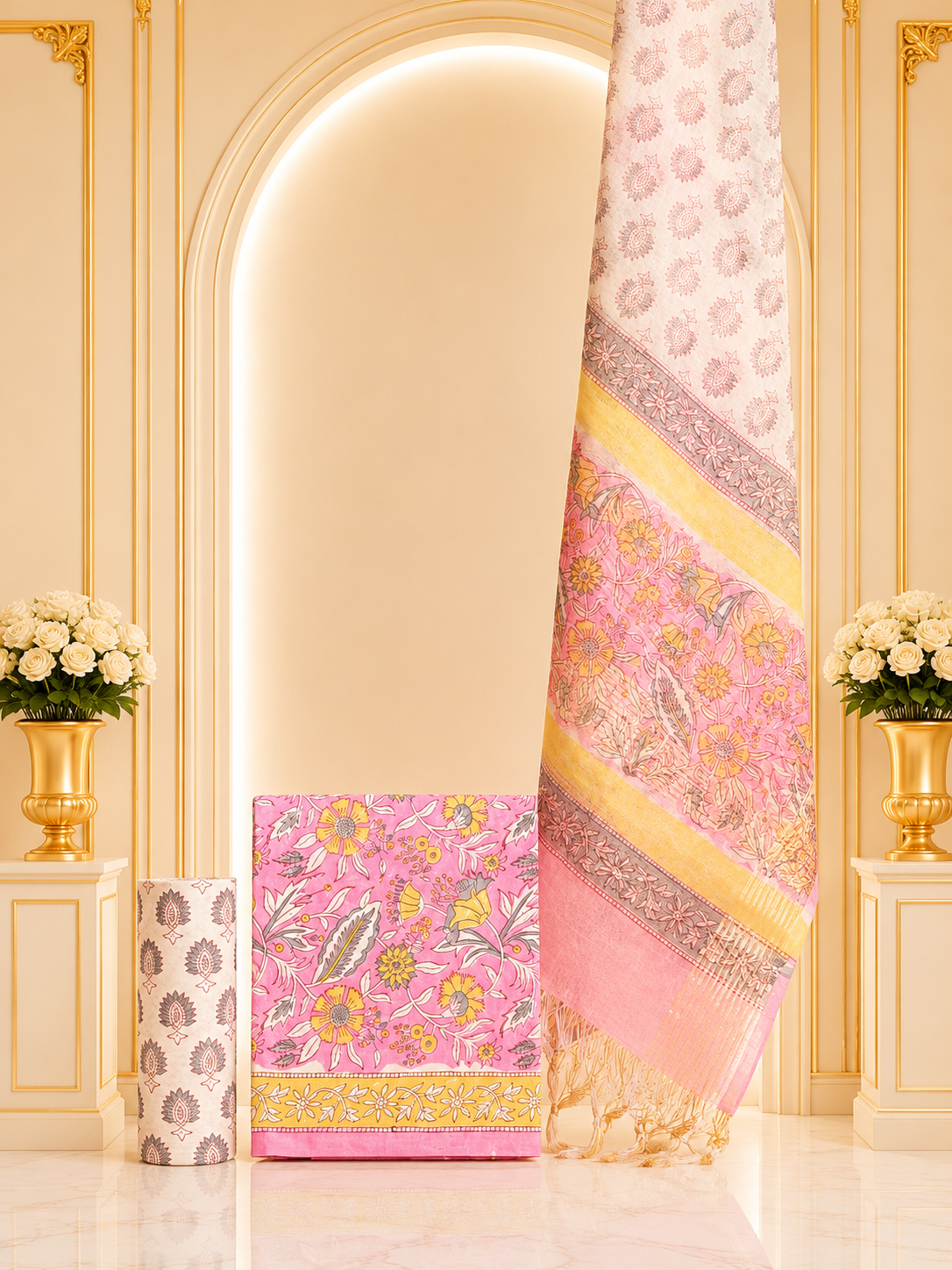 Hand block-printed premium mul cotton with hand block-printed organza dupatta suit