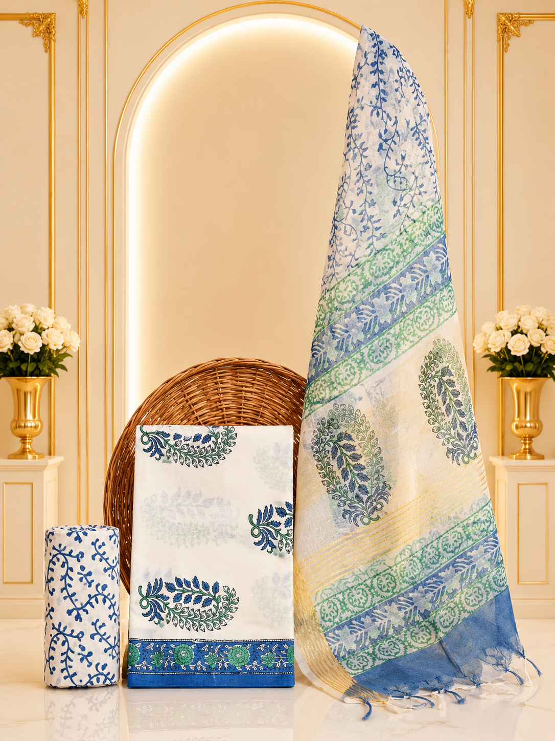 Hand block-printed premium mul cotton with hand block-printed organza dupatta suit