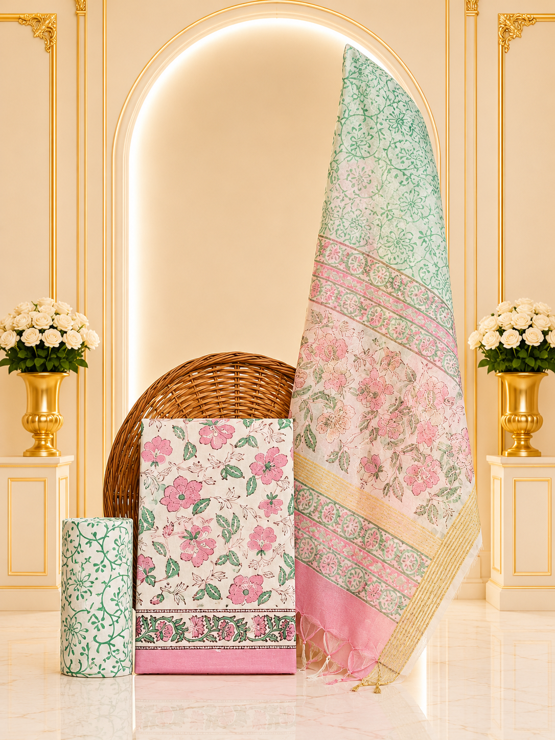Hand block-printed premium mul cotton with hand block-printed organza dupatta suit