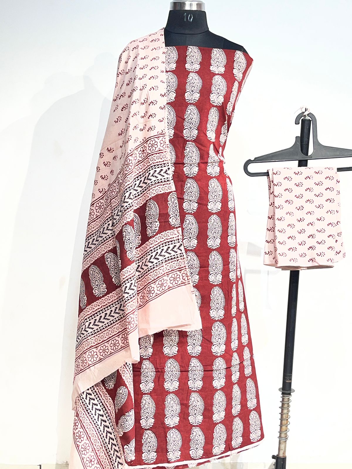Pure Cotton Bagh Print Suits - RedWhite