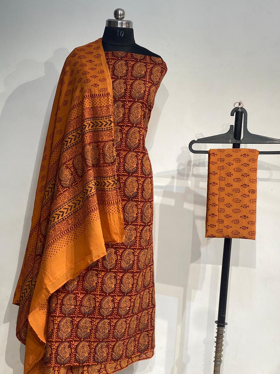 Pure Cotton Bagh Print Suits - orange