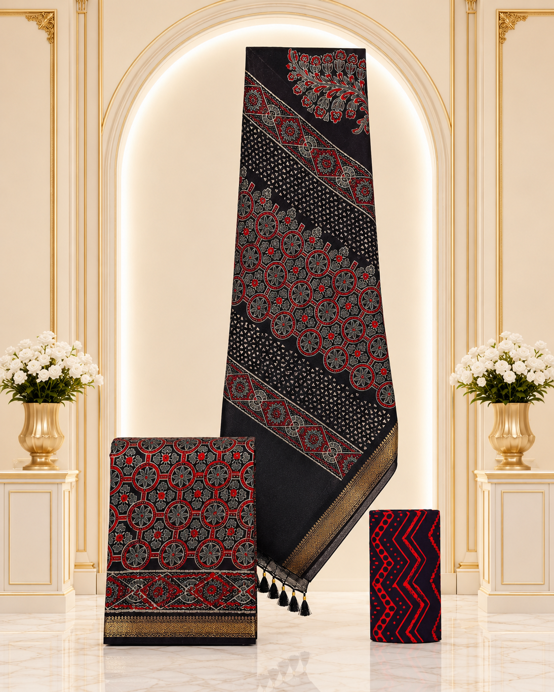 Hand block-printed Maheshwari silk-cotton suits