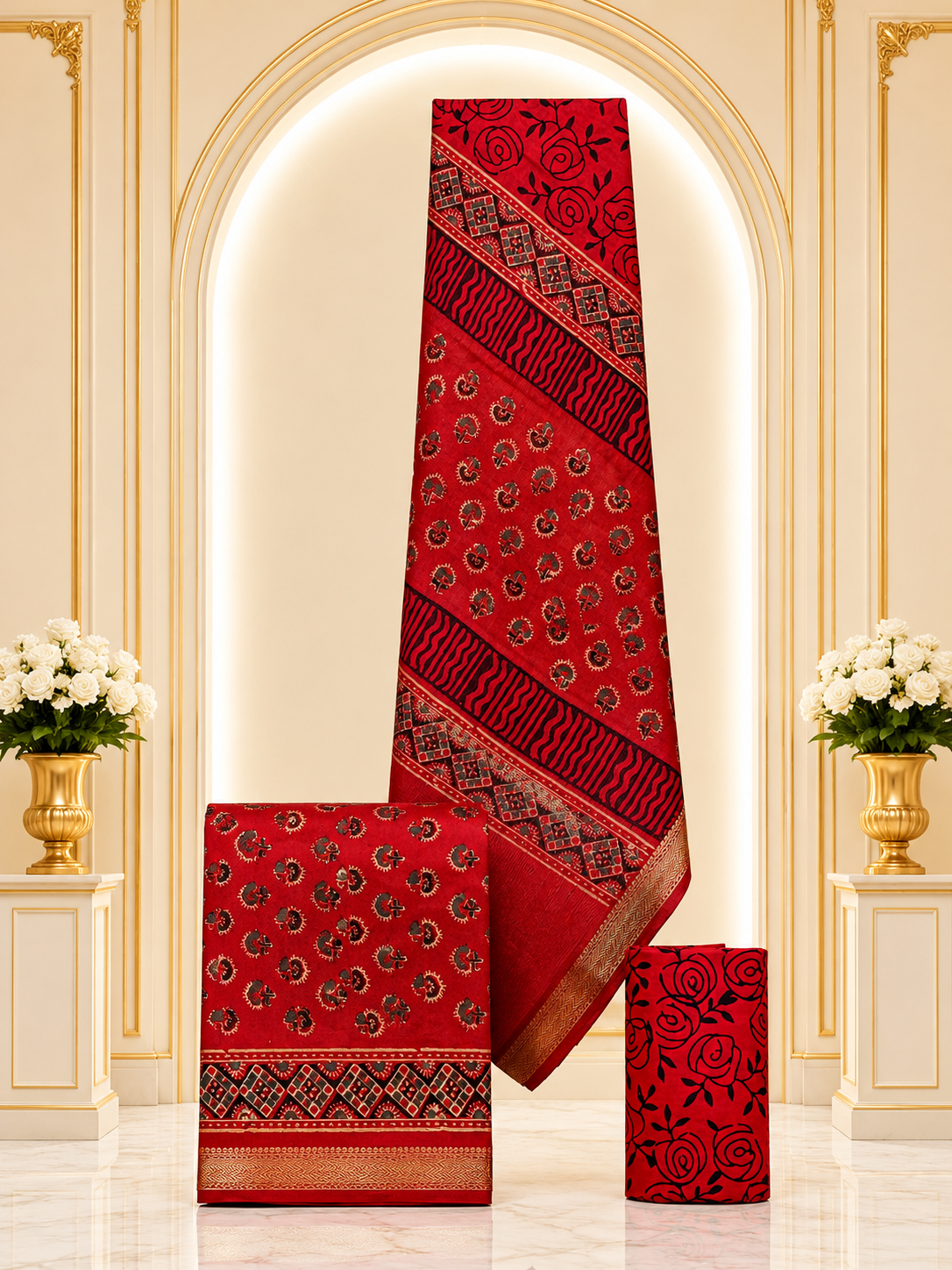 Hand block-printed Maheshwari silk-cotton suits