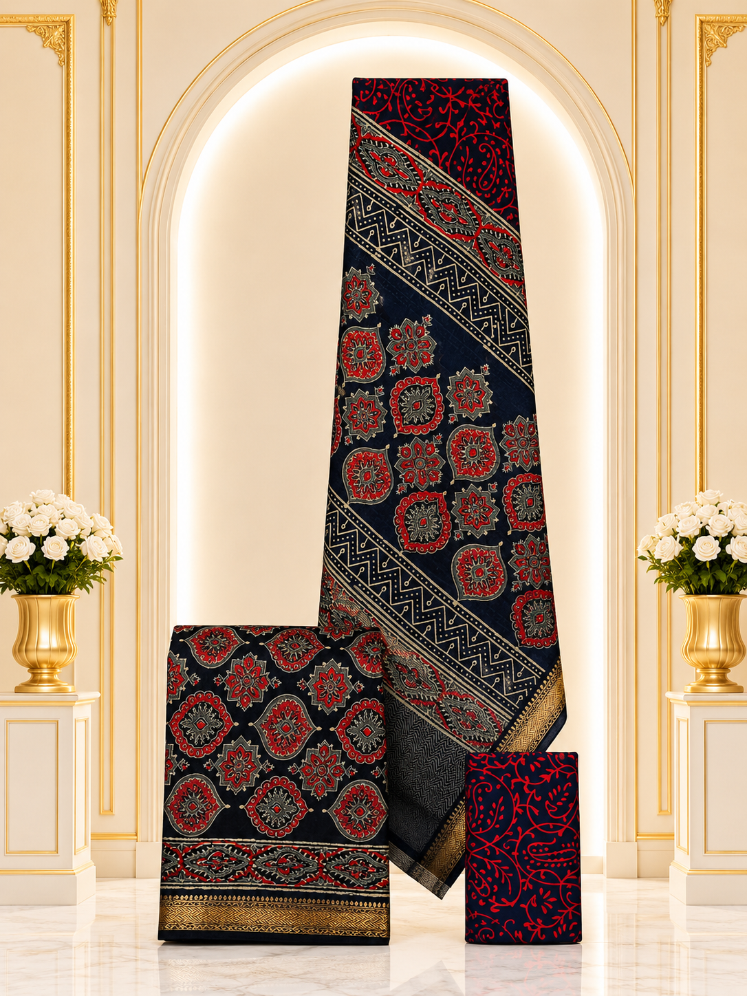 Hand block-printed Maheshwari silk-cotton suits