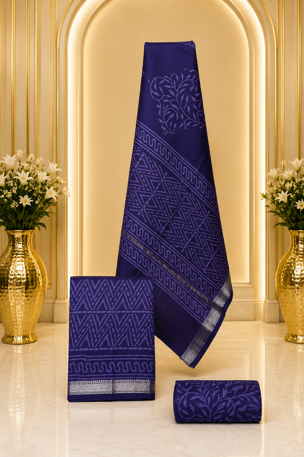 Hand block-printed Maheshwari silk-cotton suits