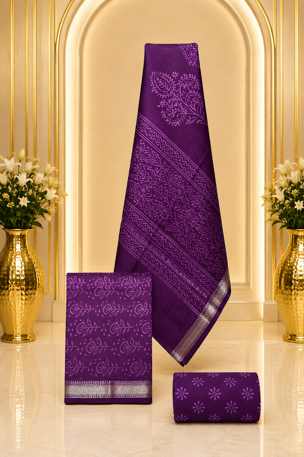 Hand block-printed Maheshwari silk-cotton suits