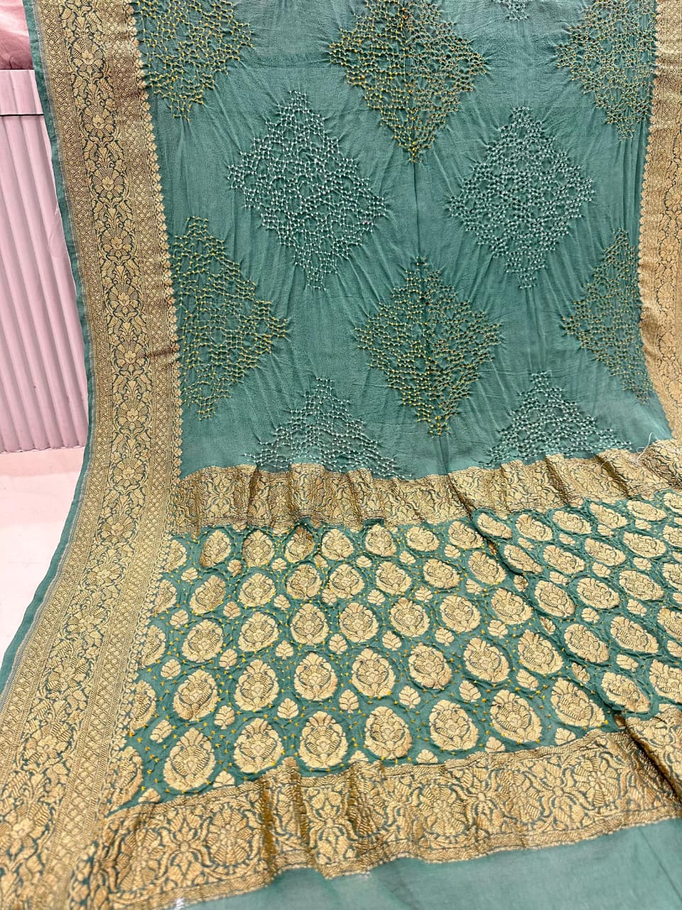 Ajhrakh Cotton Saree - Green
