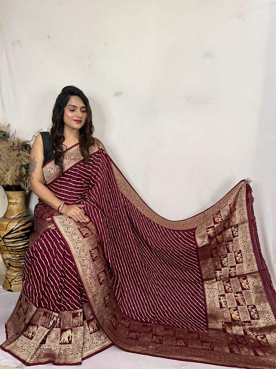 Ajhrakh Cotton Saree - Red