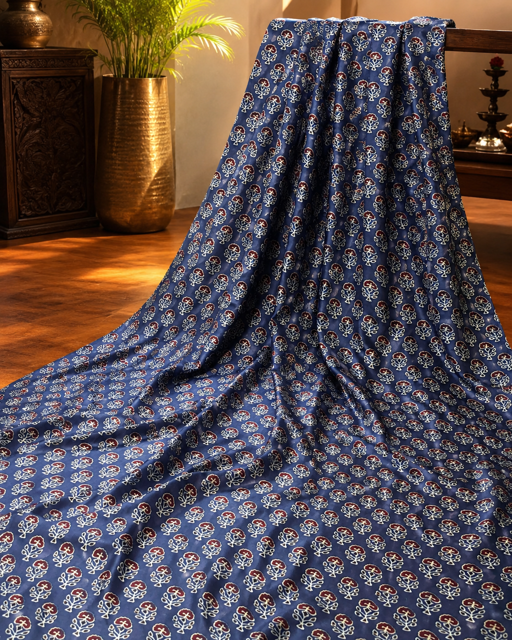 Ajrakh Hand Block Printed Modal Silk Running Fabric