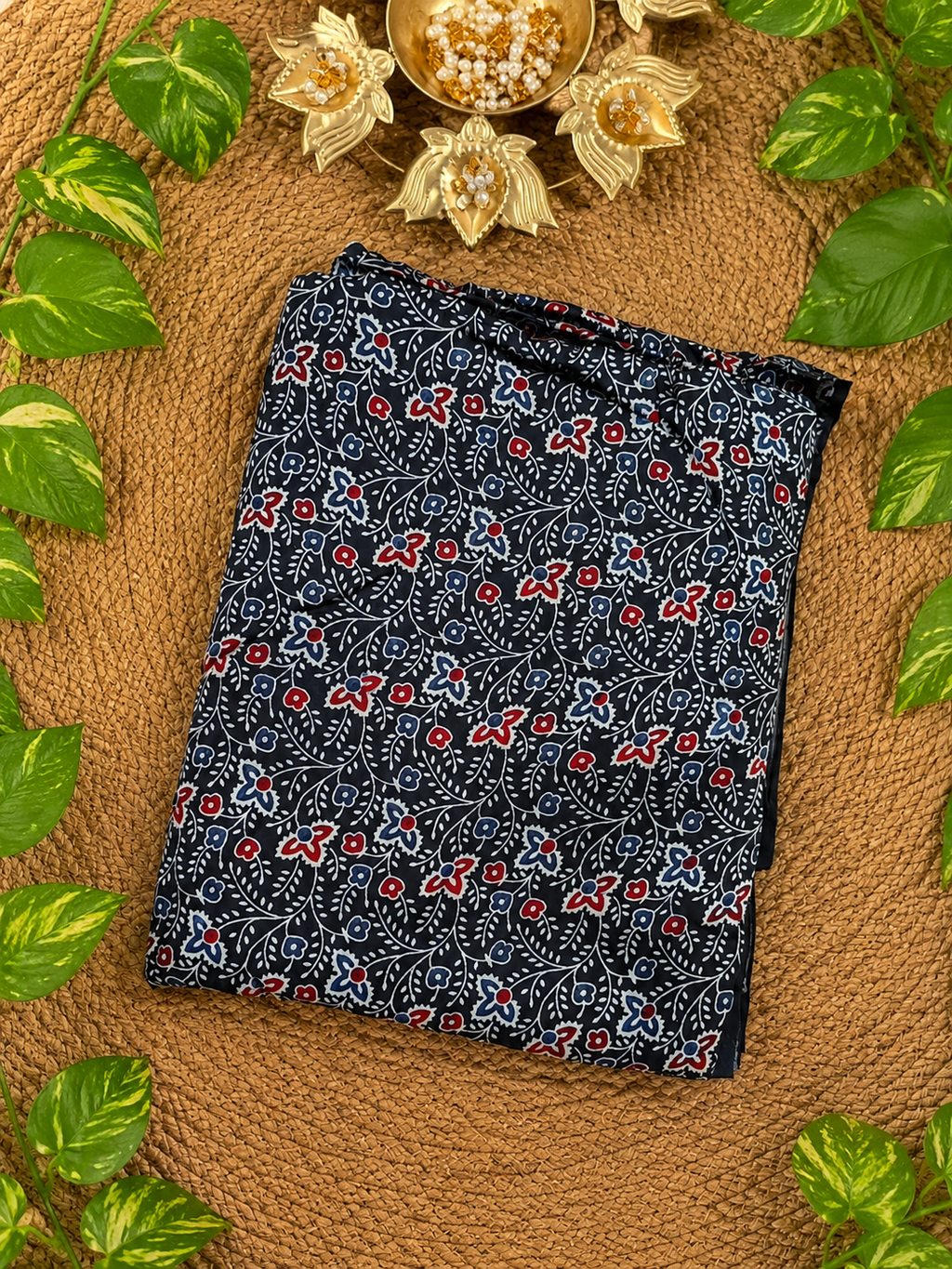 Ajrakh Hand Block Printed Modal Silk Running Fabric
